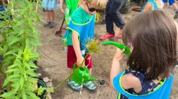 Kinder gießen Blumen